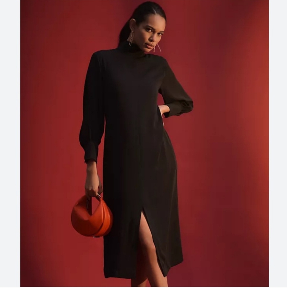 Anthropologie Black Sheath Mock Neck Dress with Bishop Sleeves And Front Slit